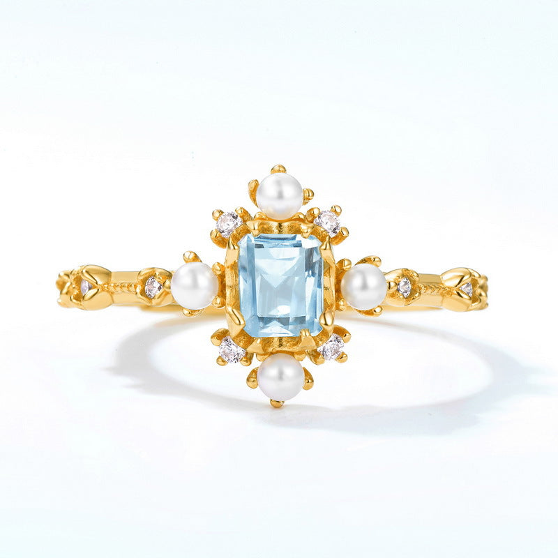 Natural Blue Topaz Geometric Open Ring in Silver
