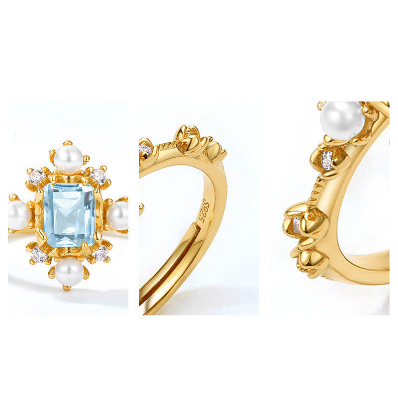 Natural Blue Topaz Geometric Open Ring in Silver