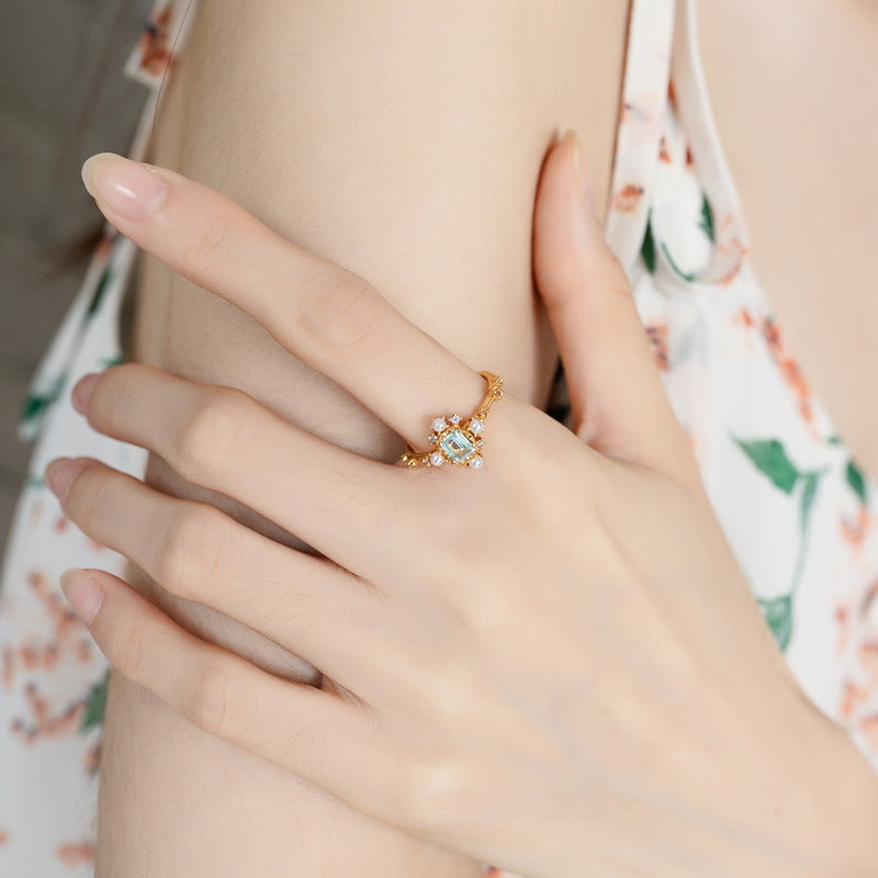 Natural Blue Topaz Geometric Open Ring in Silver