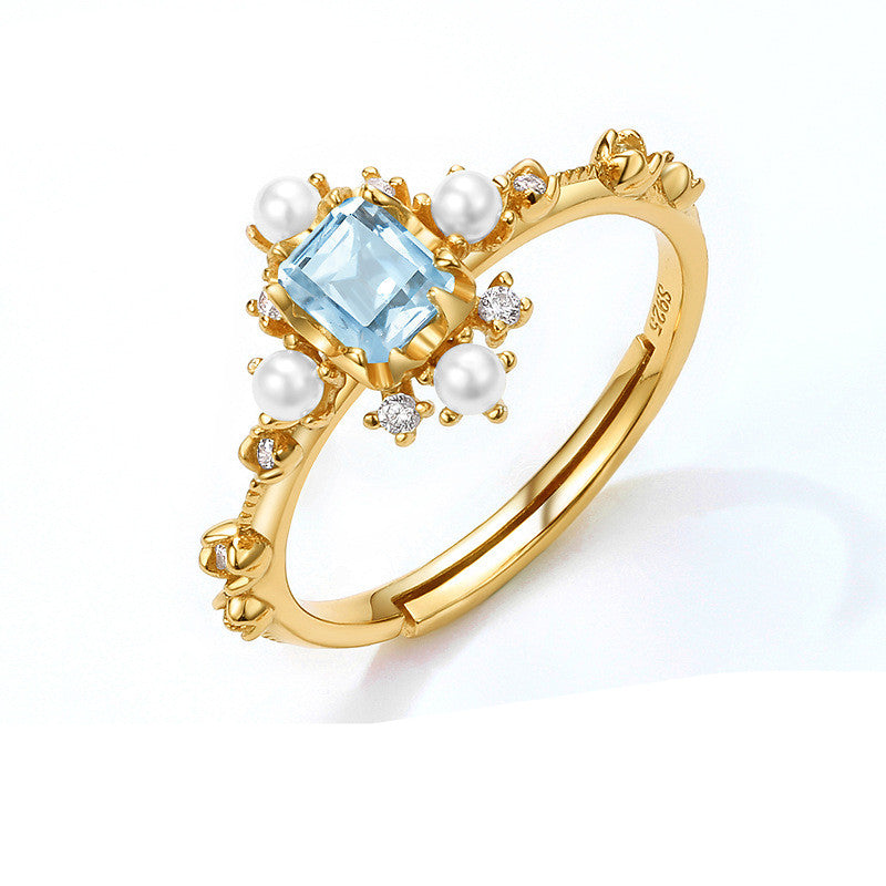 Natural Blue Topaz Geometric Open Ring in Silver