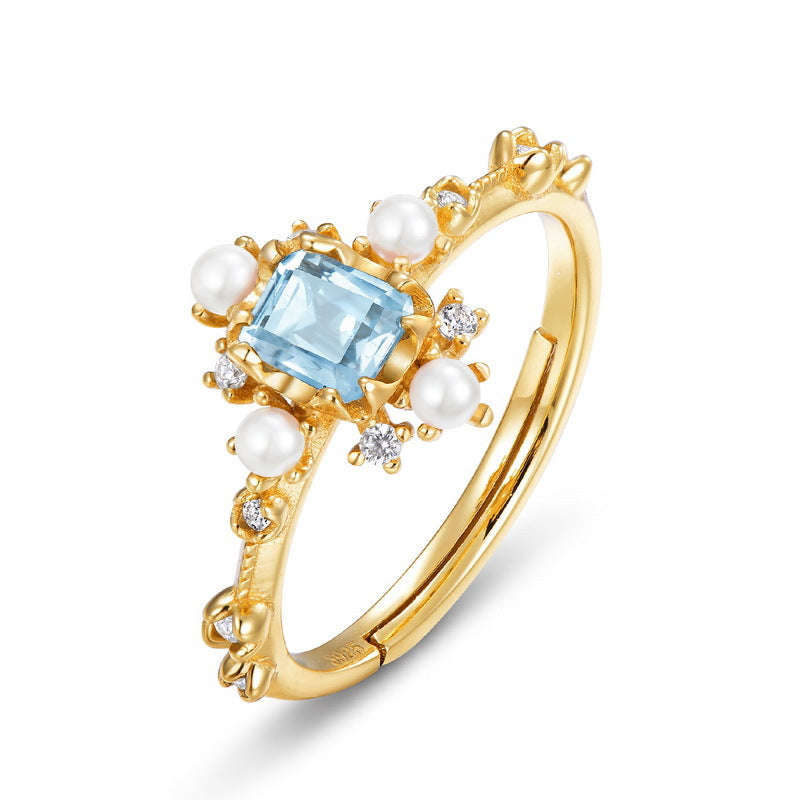 Natural Blue Topaz Geometric Open Ring in Silver